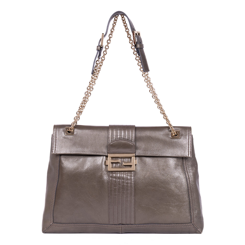 Shoulder Bag Maxi Baguette Flap Grey Calfskin Leather