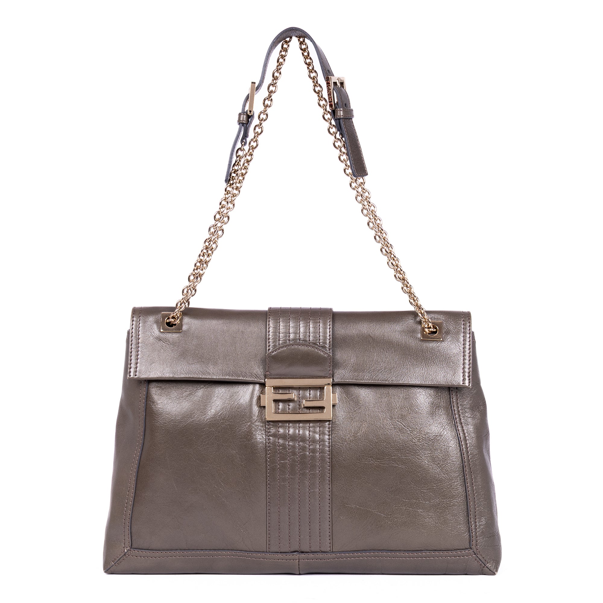 Shoulder Bag Maxi Baguette Flap Grey Calfskin Leather