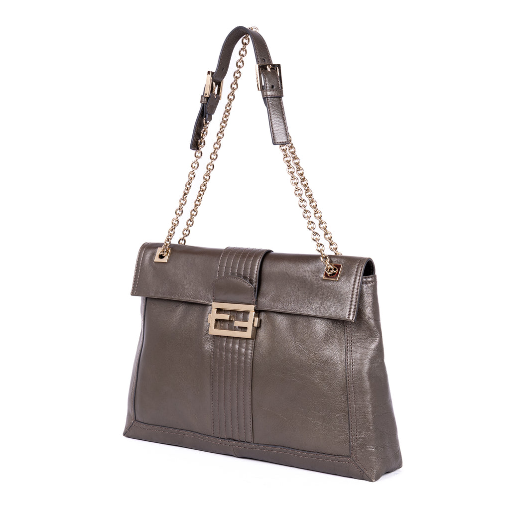 Shoulder Bag Maxi Baguette Flap Grey Calfskin Leather