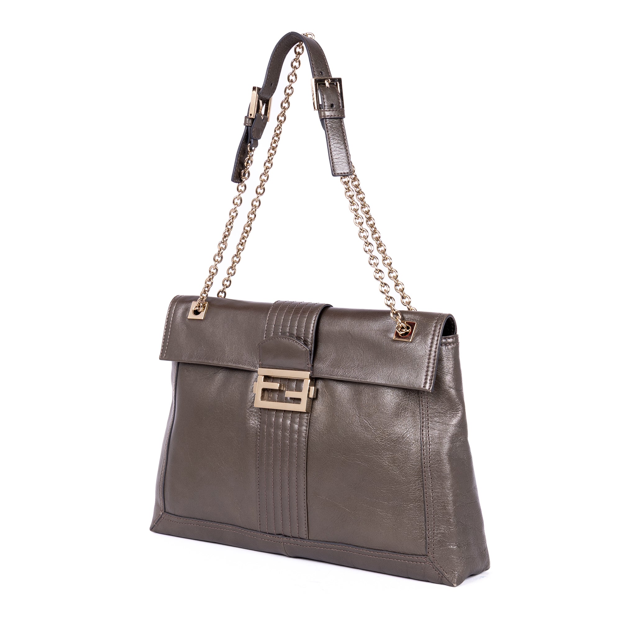 Shoulder Bag Maxi Baguette Flap Grey Calfskin Leather