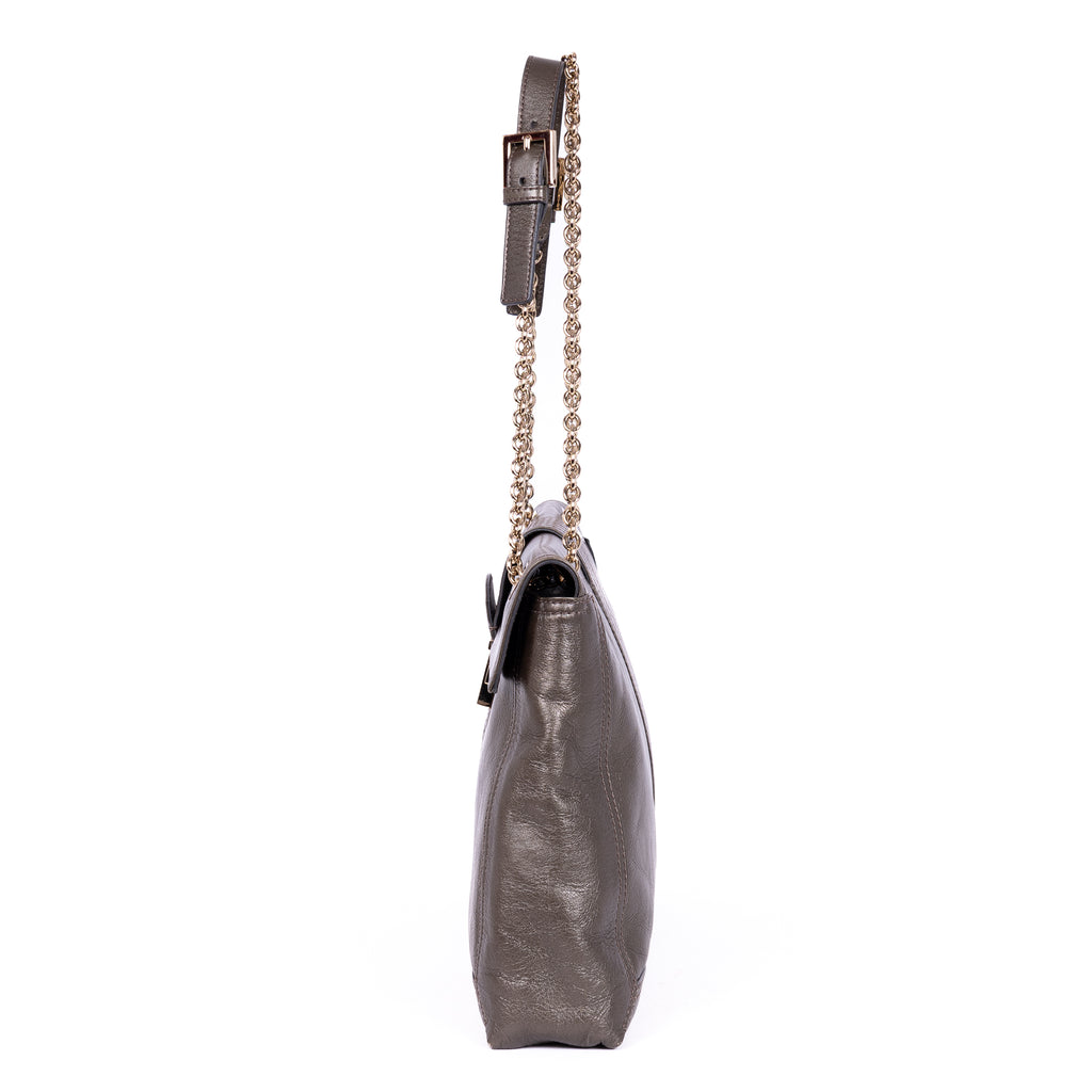 Shoulder Bag Maxi Baguette Flap Grey Calfskin Leather