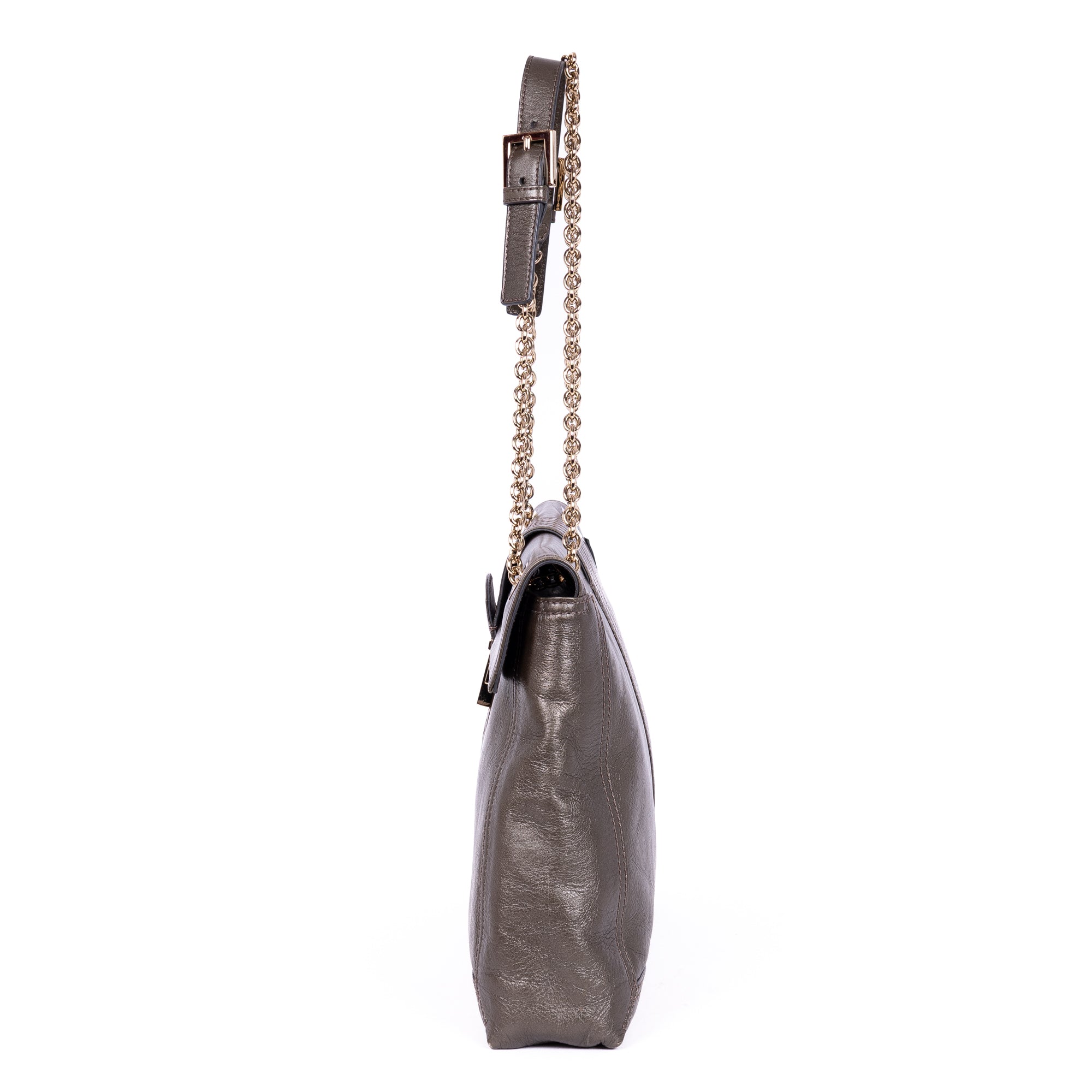 Shoulder Bag Maxi Baguette Flap Grey Calfskin Leather
