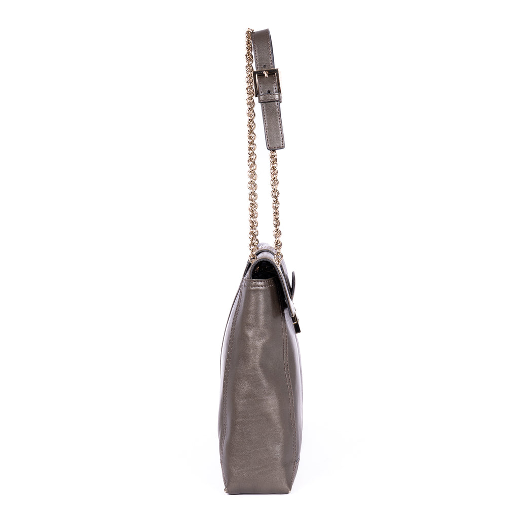 Shoulder Bag Maxi Baguette Flap Grey Calfskin Leather