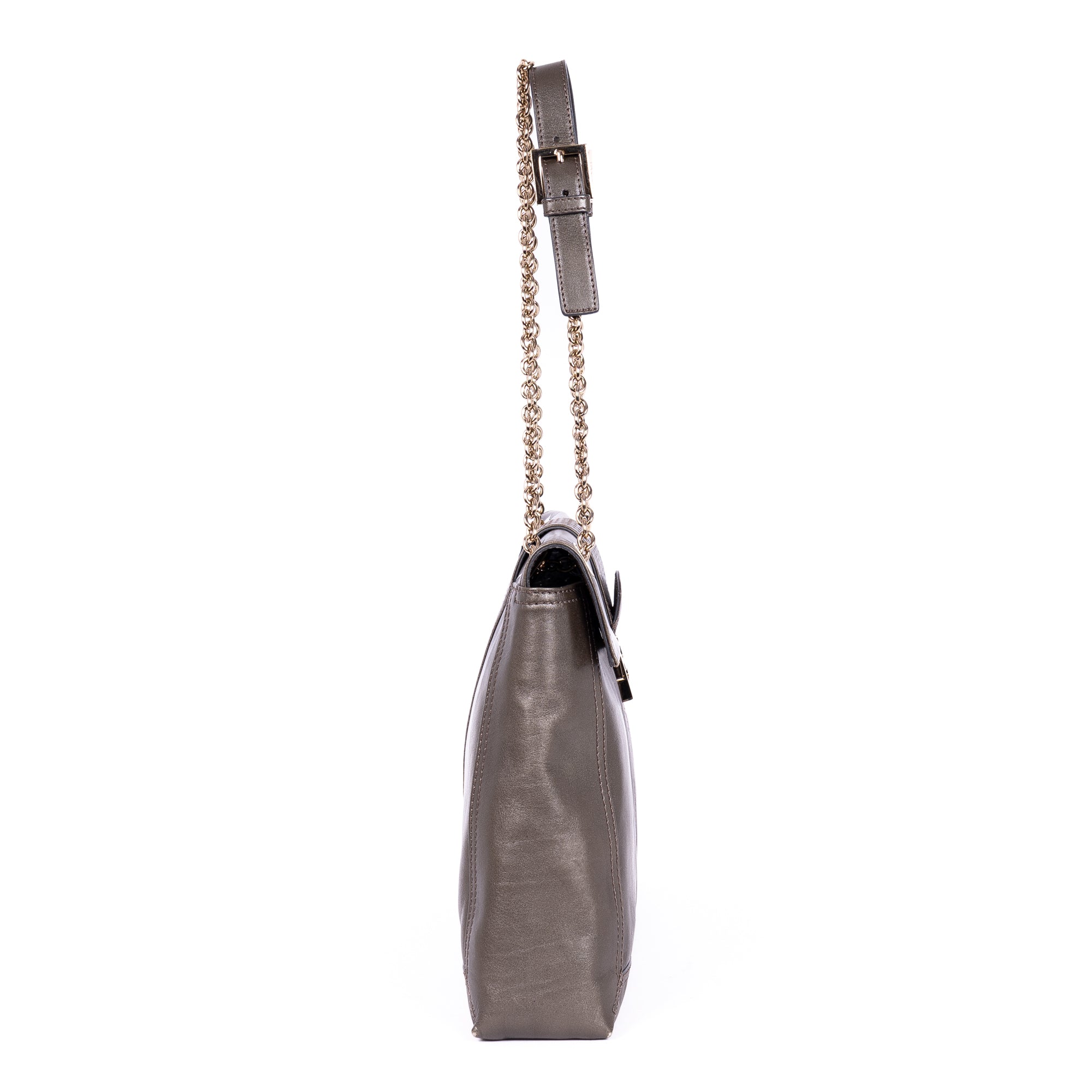 Shoulder Bag Maxi Baguette Flap Grey Calfskin Leather