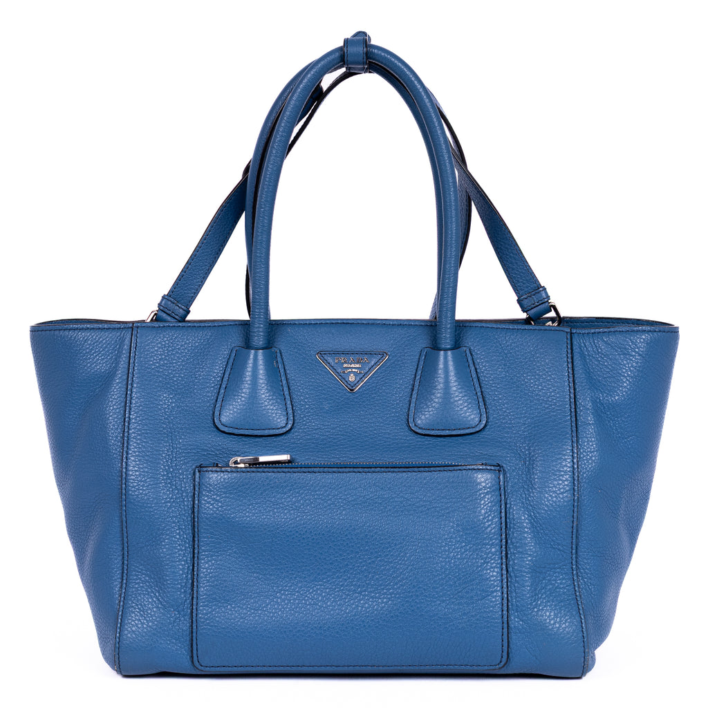 Shoulder Bag Twin Pockets Tote Blue Vitello Daino Leather
