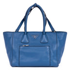 Shoulder Bag Twin Pockets Tote Blue Vitello Daino Leather