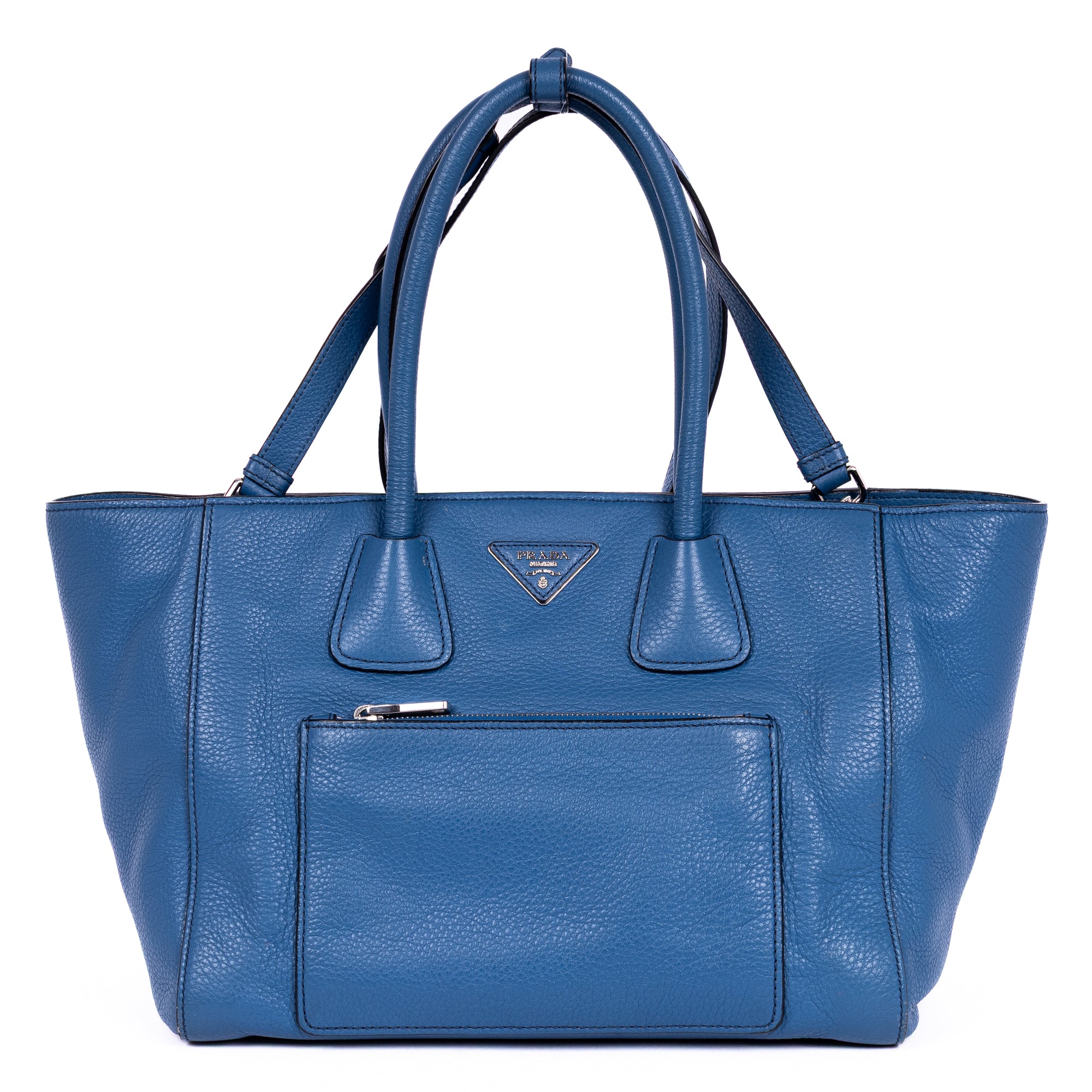 Shoulder Bag Twin Pockets Tote Blue Vitello Daino Leather