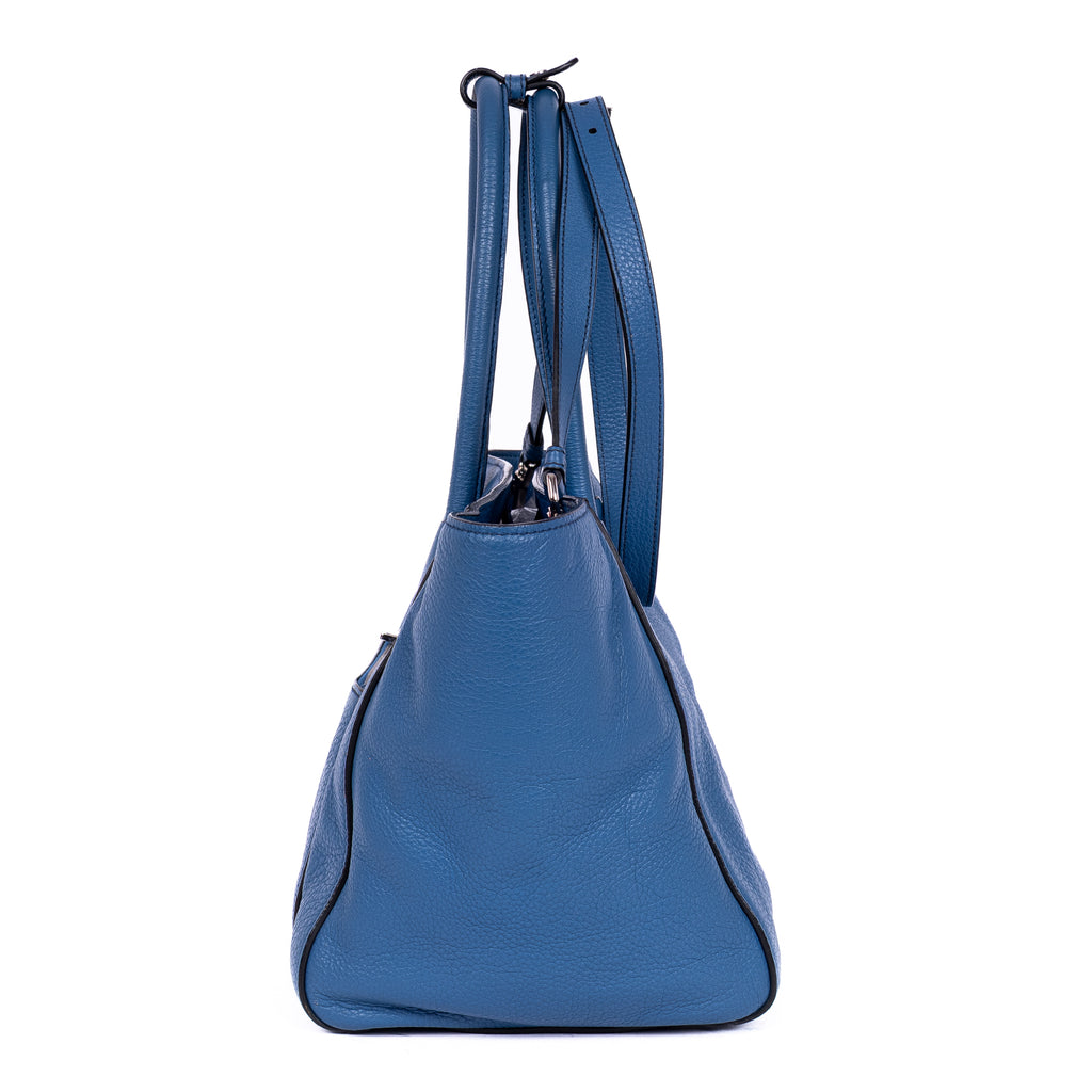 Shoulder Bag Twin Pockets Tote Blue Vitello Daino Leather
