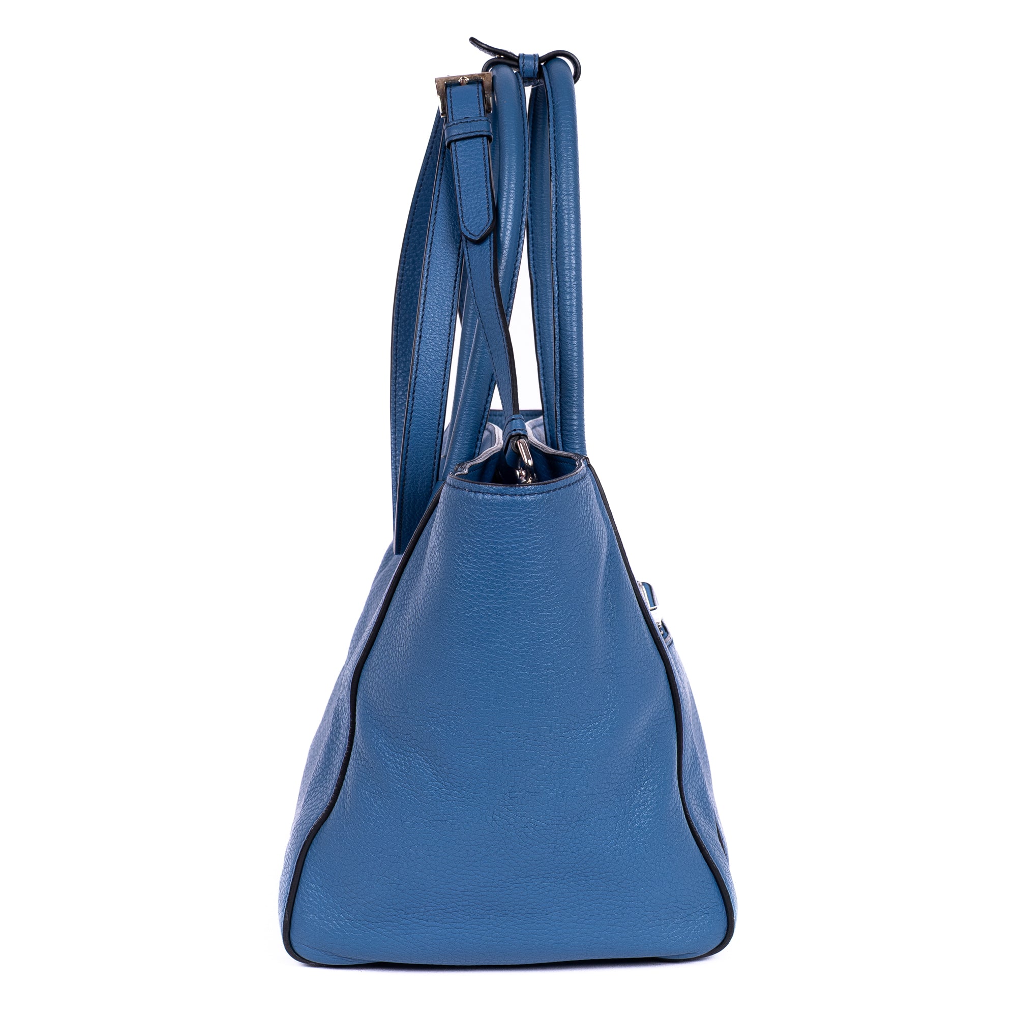 Shoulder Bag Twin Pockets Tote Blue Vitello Daino Leather