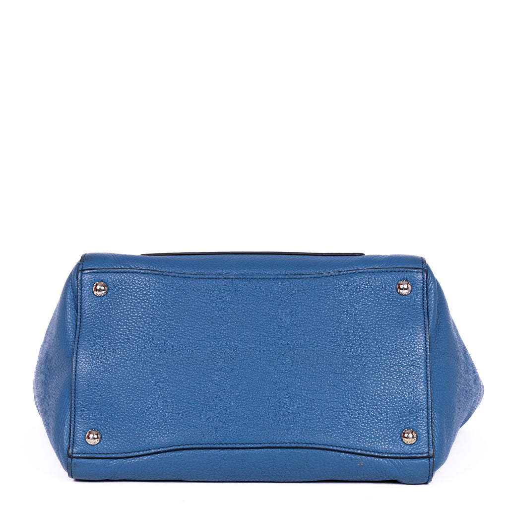 Shoulder Bag Twin Pockets Tote Blue Vitello Daino Leather