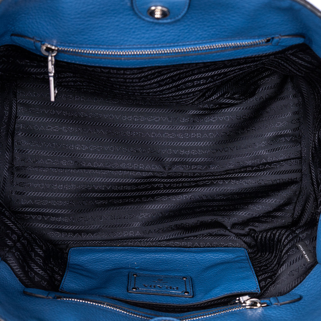 Shoulder Bag Twin Pockets Tote Blue Vitello Daino Leather