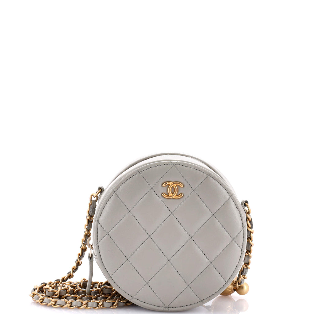 Shoulder Bag Pearl Crush Round Chain Crossbody Grey Lambskin Quilted Leather