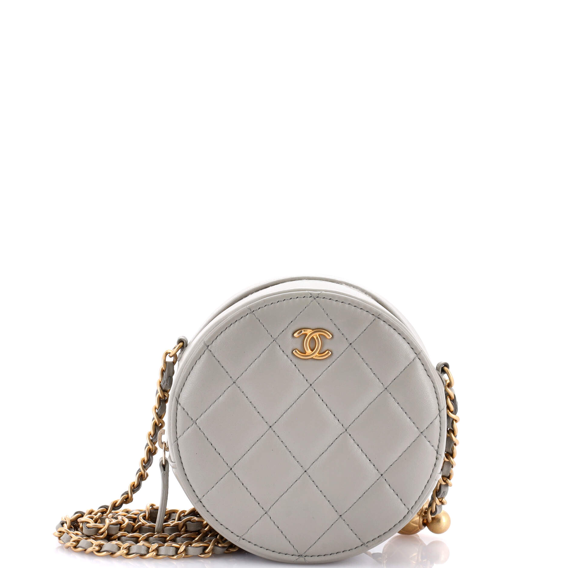 Shoulder Bag Pearl Crush Round Chain Crossbody Grey Lambskin Quilted Leather