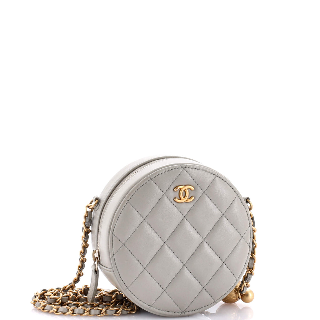Shoulder Bag Pearl Crush Round Chain Crossbody Grey Lambskin Quilted Leather