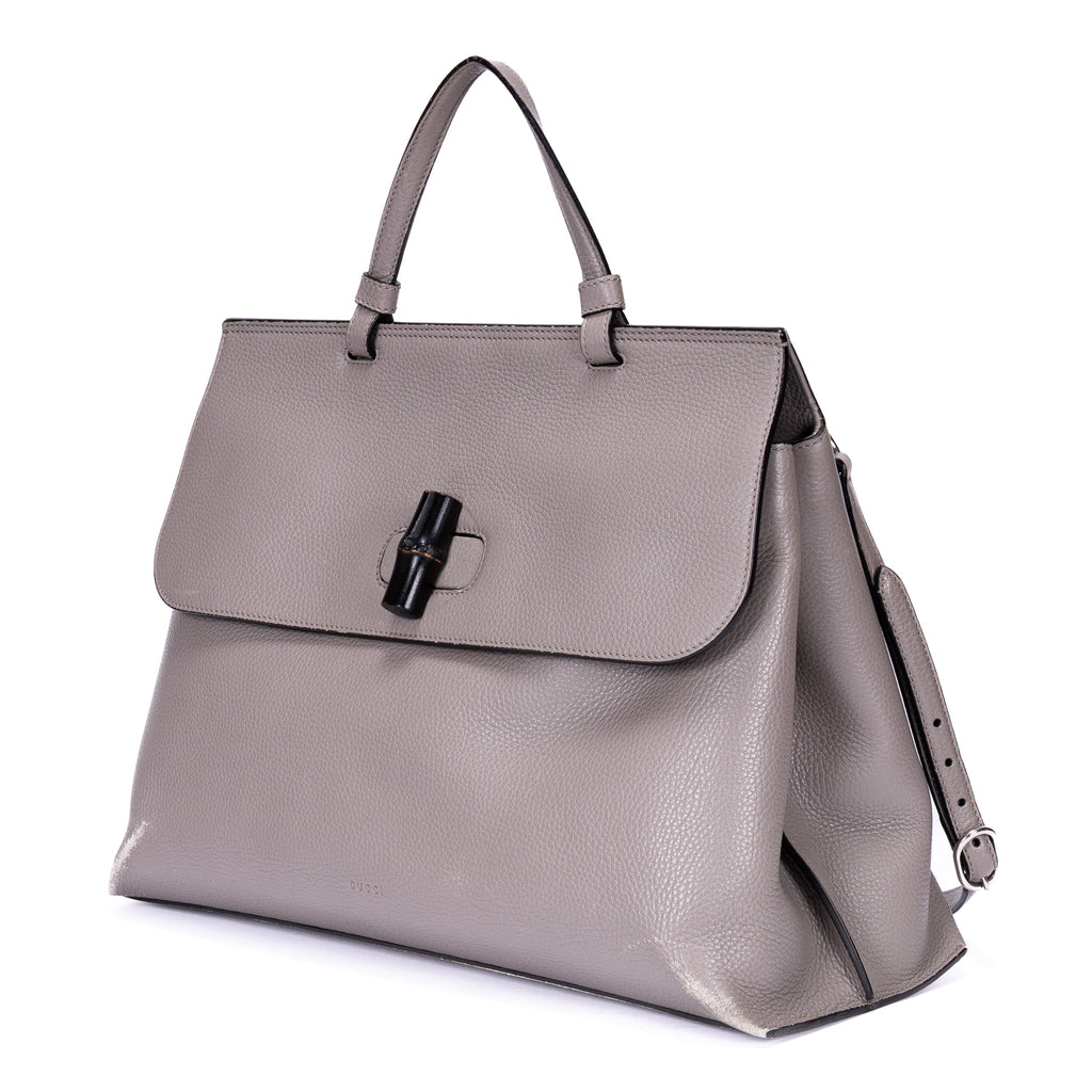 Shoulder Bag Bamboo Daily Top Handle Large Grey Calfskin Grained Leather
