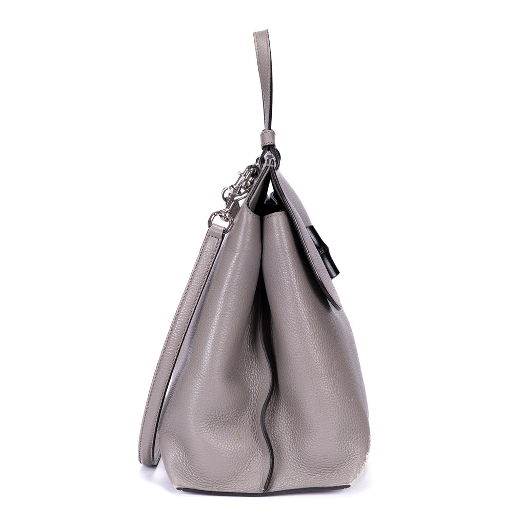 Shoulder Bag Bamboo Daily Top Handle Large Grey Calfskin Grained Leather