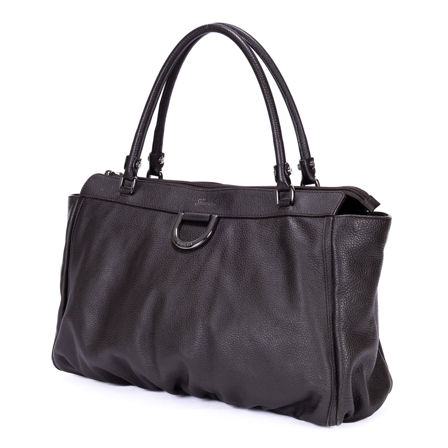 Shoulder Bag D-Ring Abbey Zip Tote Large Dark Brown Calfskin Grained Leather