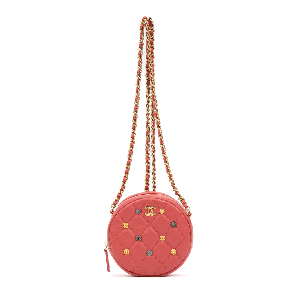 Shoulder Bag Ltd. Ed. Charms Mini Round Clutch Pink Lambskin Quilted Leather