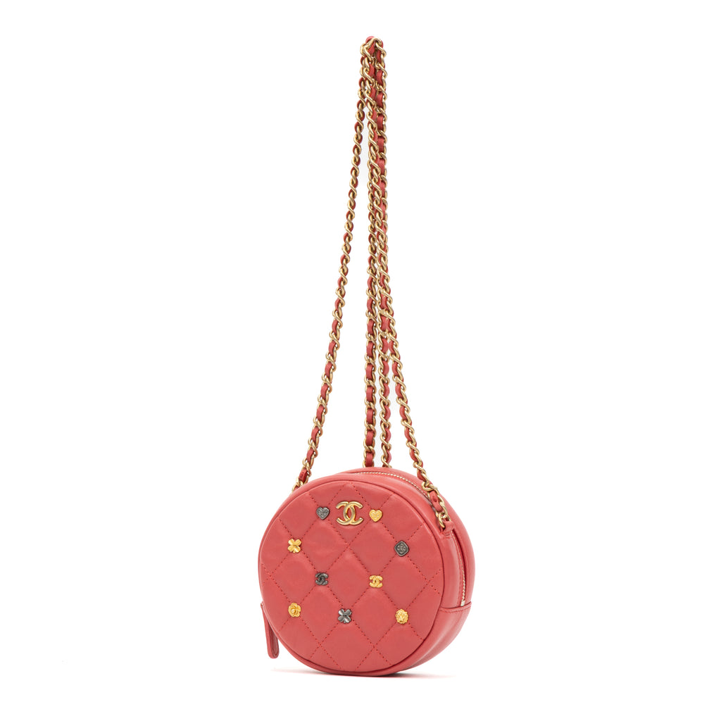 Shoulder Bag Ltd. Ed. Charms Mini Round Clutch Pink Lambskin Quilted Leather