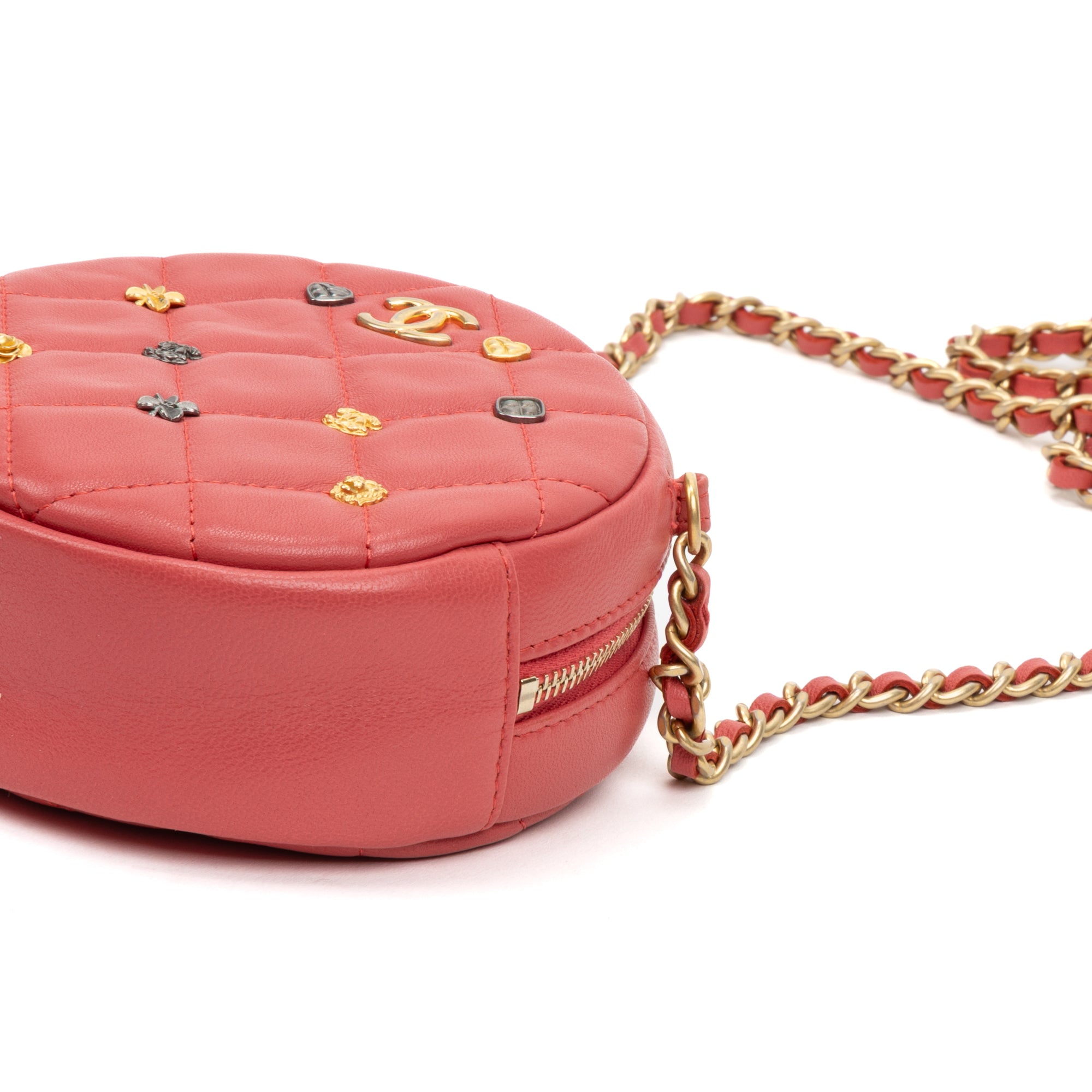 Shoulder Bag Ltd. Ed. Charms Mini Round Clutch Pink Lambskin Quilted Leather