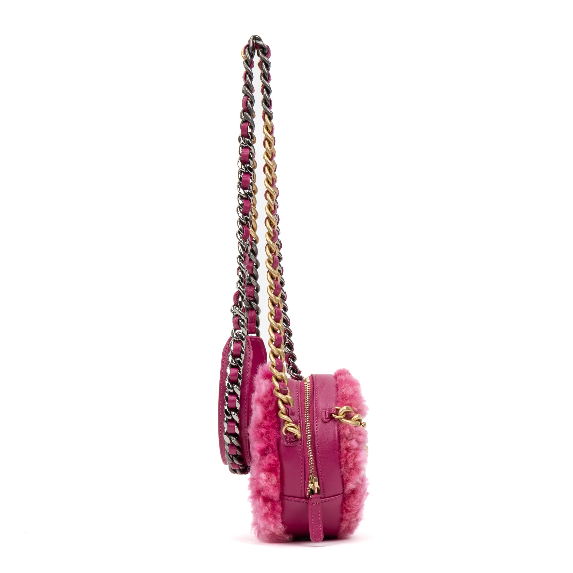 Shoulder Bag Rare Shearling Mini Round Clutch Pink Shearling Canvas