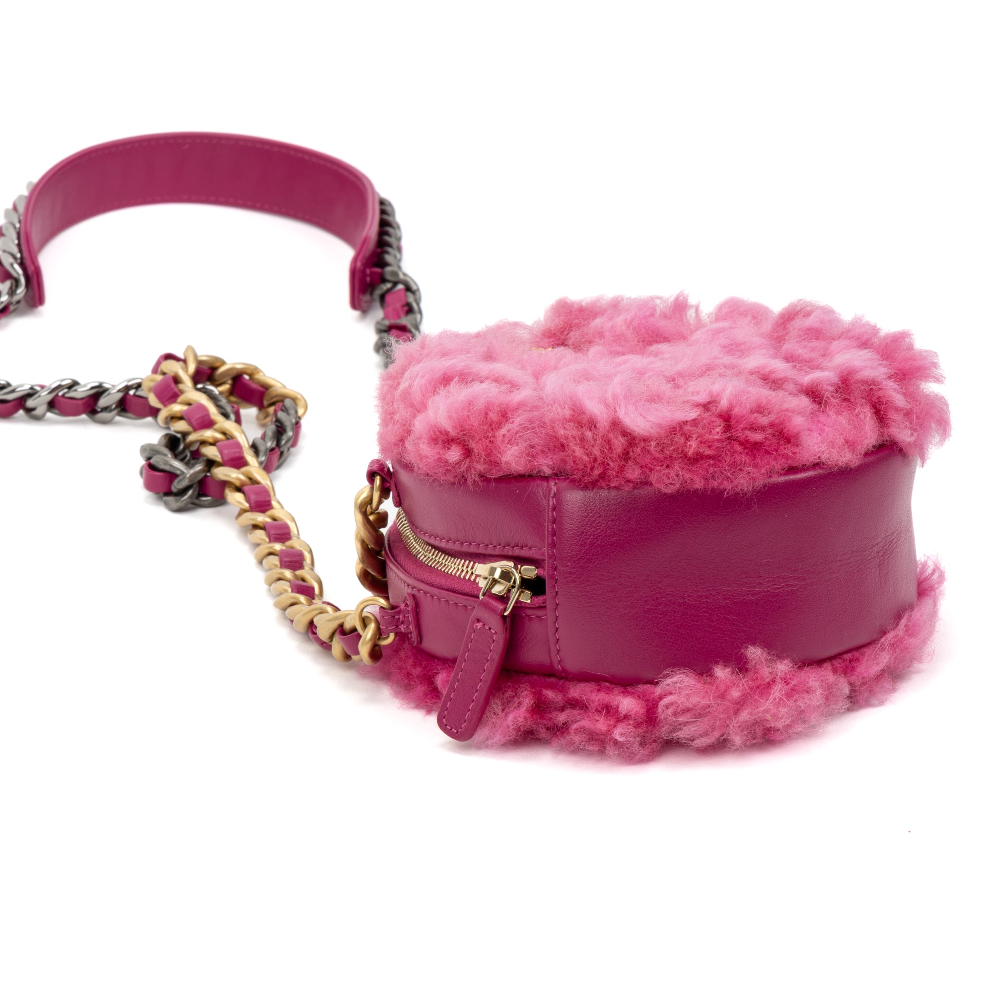 Shoulder Bag Rare Shearling Mini Round Clutch Pink Shearling Canvas