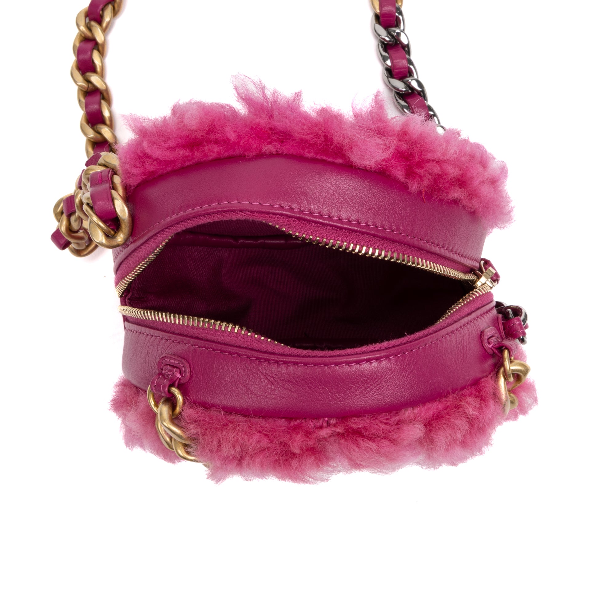 Shoulder Bag Rare Shearling Mini Round Clutch Pink Shearling Canvas