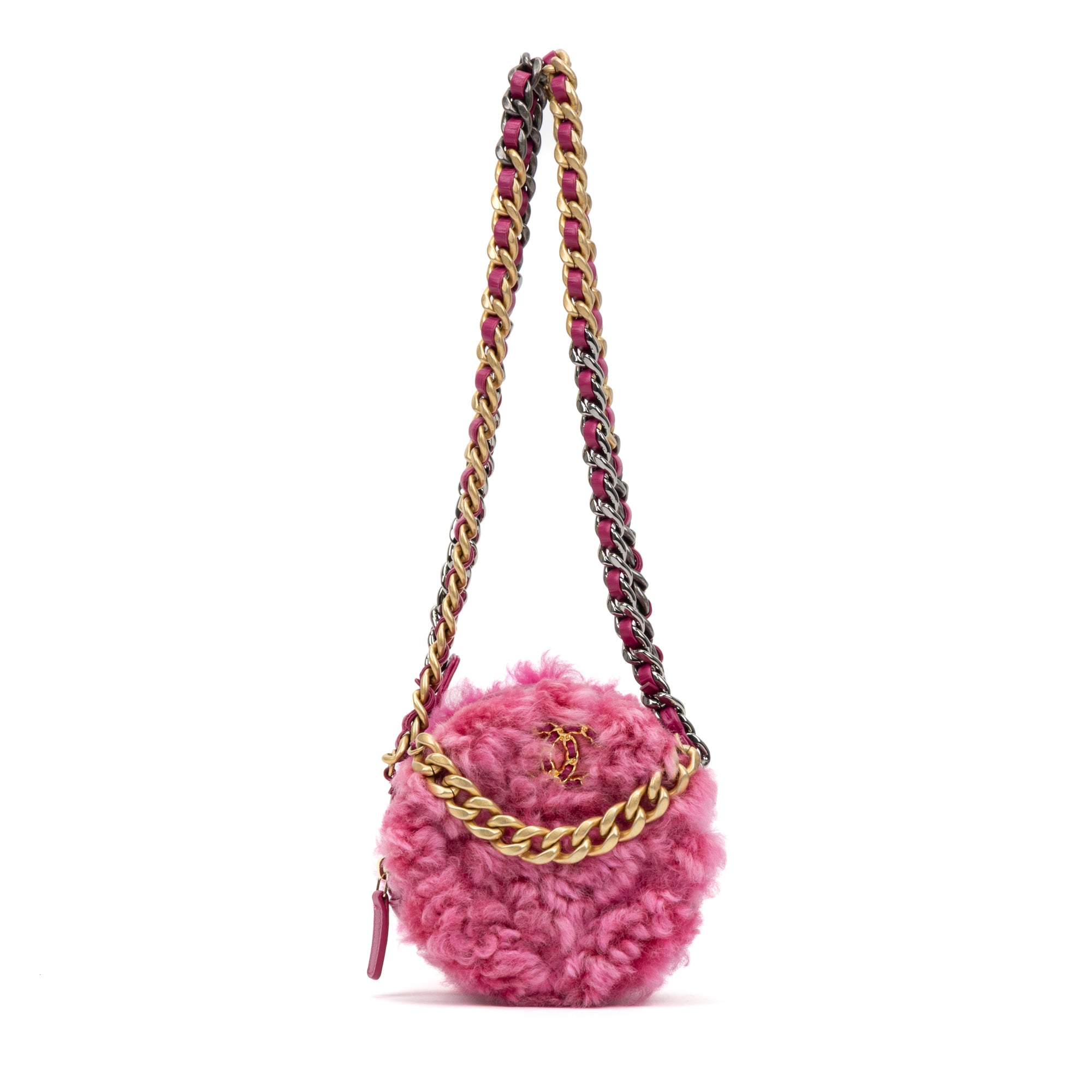 Shoulder Bag Rare Shearling Mini Round Clutch Pink Shearling Canvas