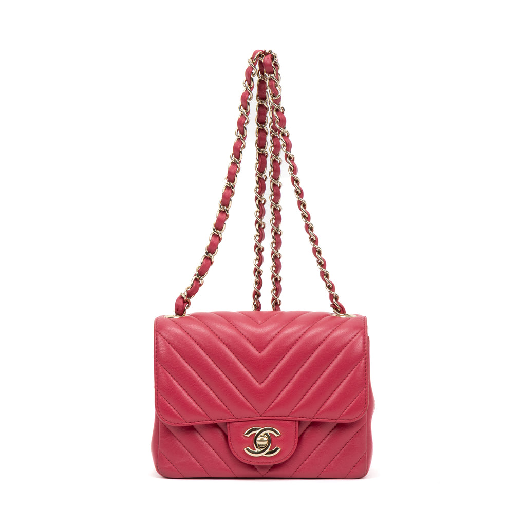 Shoulder Bag Square Classic Single Flap Mini Pink Lambskin Chevron Quilted Leather