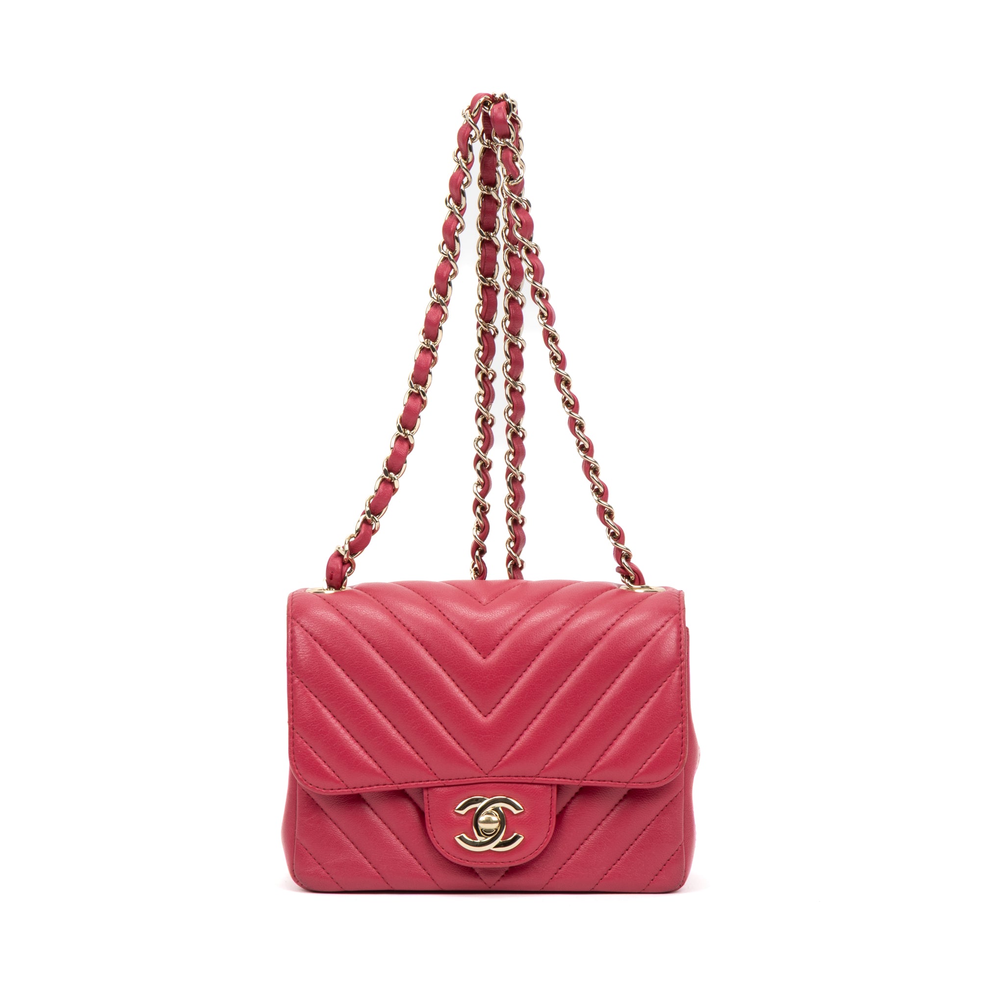 Shoulder Bag Square Classic Single Flap Mini Pink Lambskin Chevron Quilted Leather
