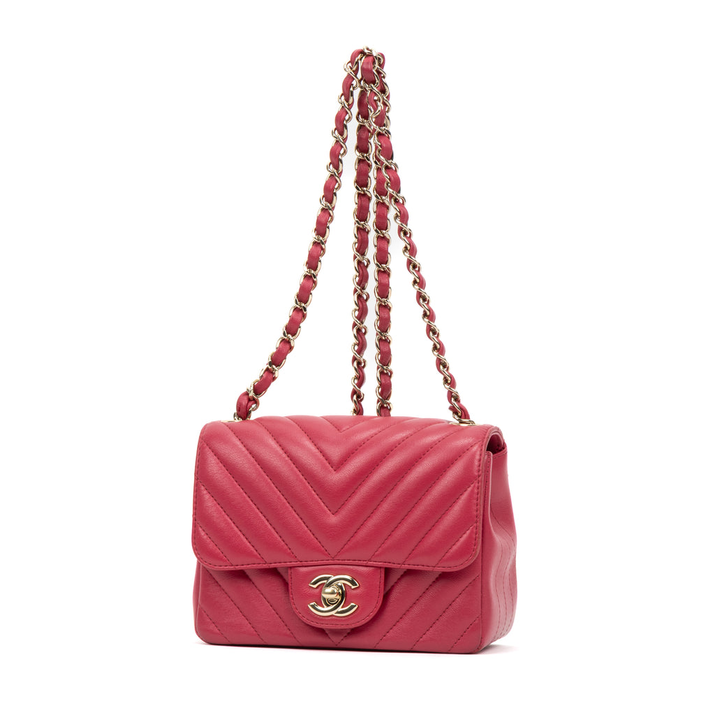 Shoulder Bag Square Classic Single Flap Mini Pink Lambskin Chevron Quilted Leather