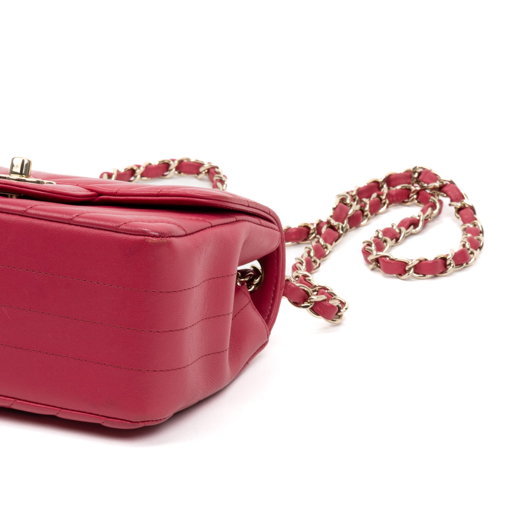 Shoulder Bag Square Classic Single Flap Mini Pink Lambskin Chevron Quilted Leather
