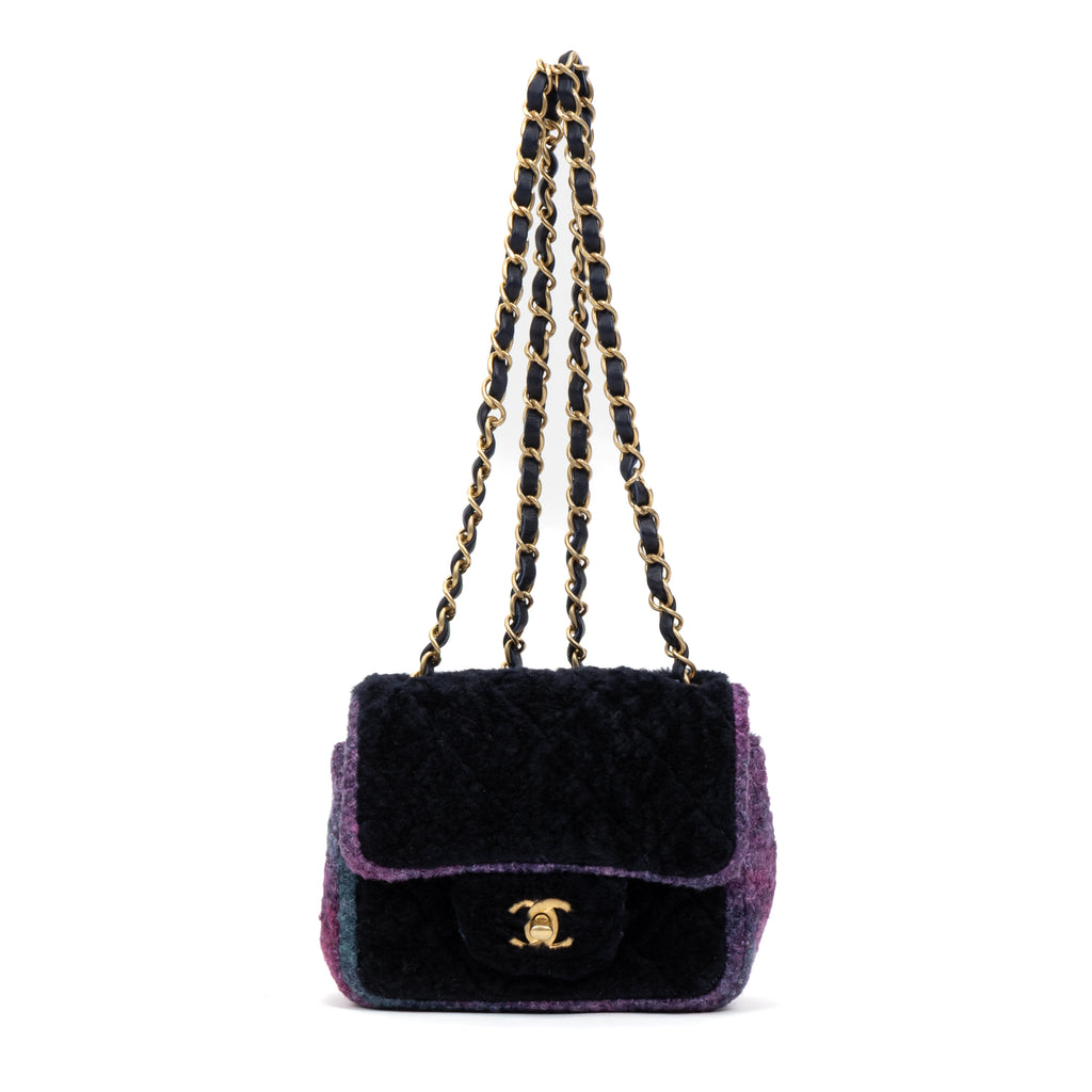 Shoulder Bag Rare Shearling Square Single Flap Mini Black Shearling Canvas/Tweed Canvas