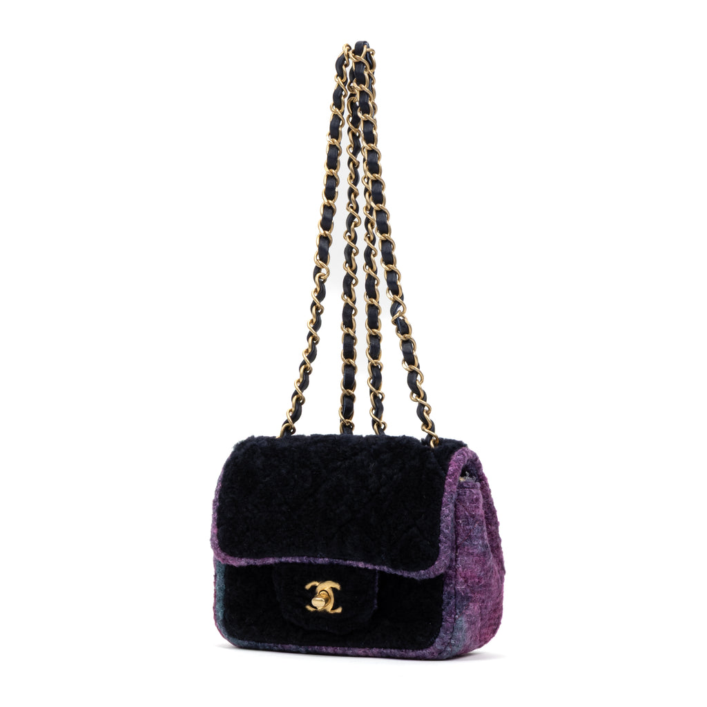 Shoulder Bag Rare Shearling Square Single Flap Mini Black Shearling Canvas/Tweed Canvas