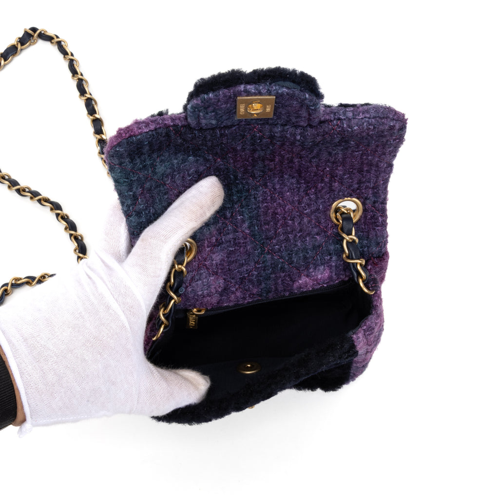 Shoulder Bag Rare Shearling Square Single Flap Mini Black Shearling Canvas/Tweed Canvas