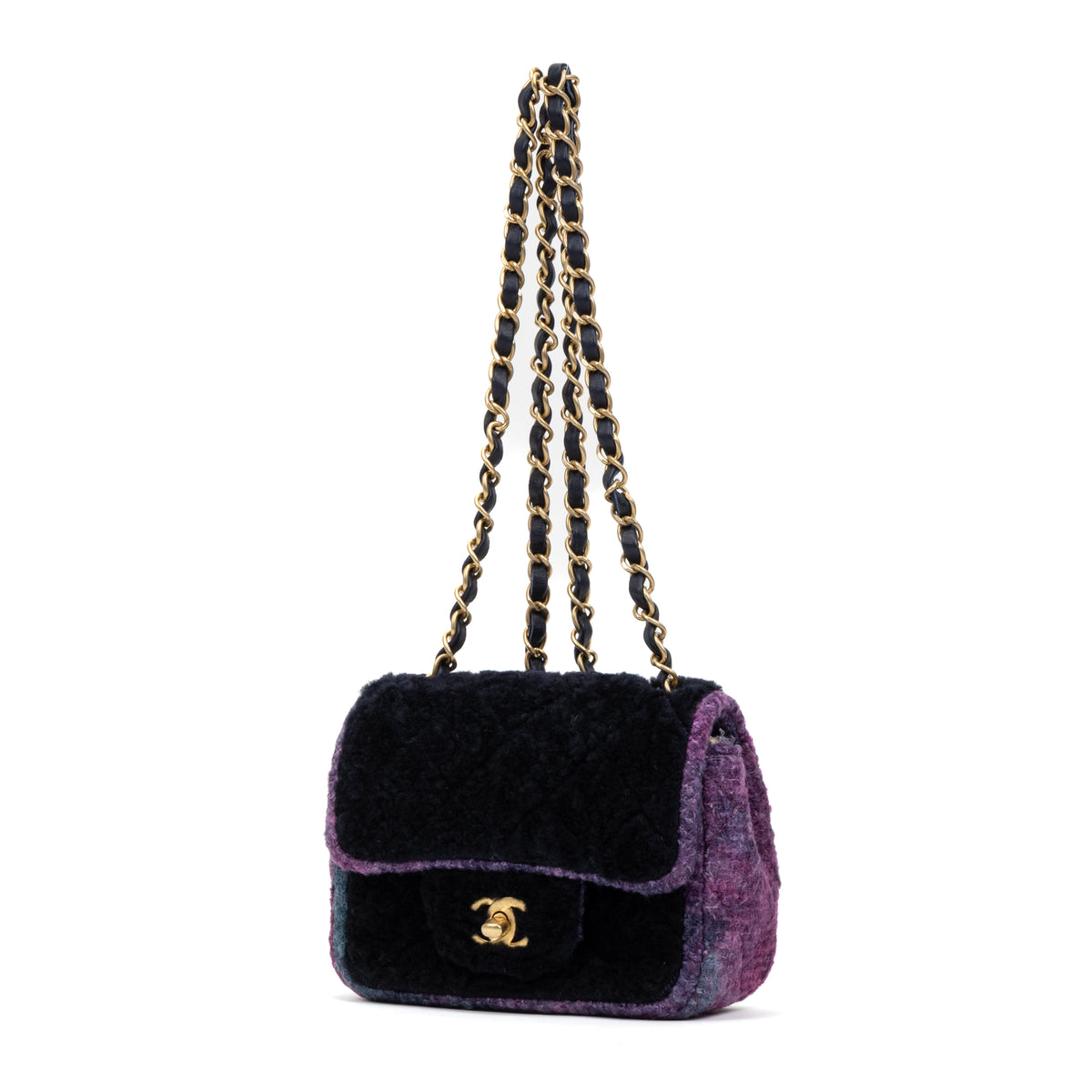 Shoulder Bag Rare Shearling Square Single Flap Mini Black Shearling Canvas/Tweed Canvas