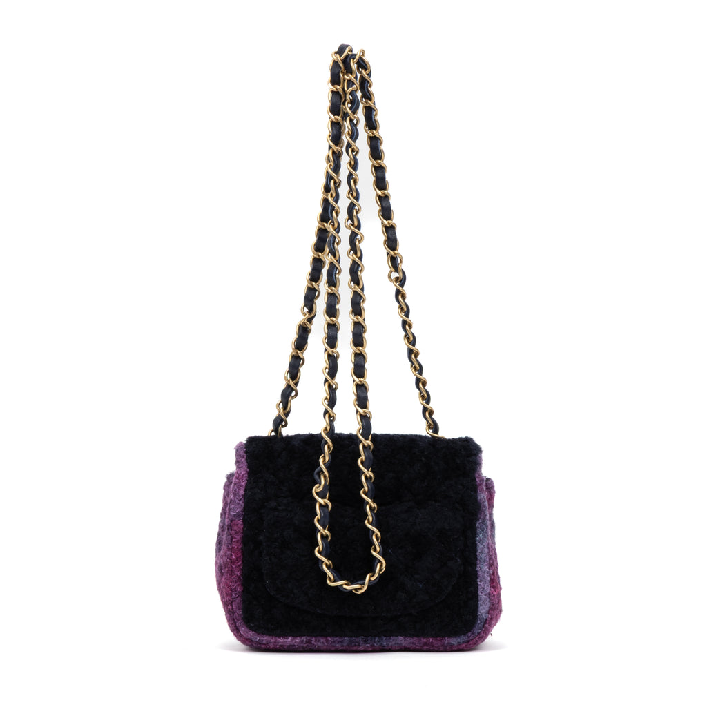 Shoulder Bag Rare Shearling Square Single Flap Mini Black Shearling Canvas/Tweed Canvas