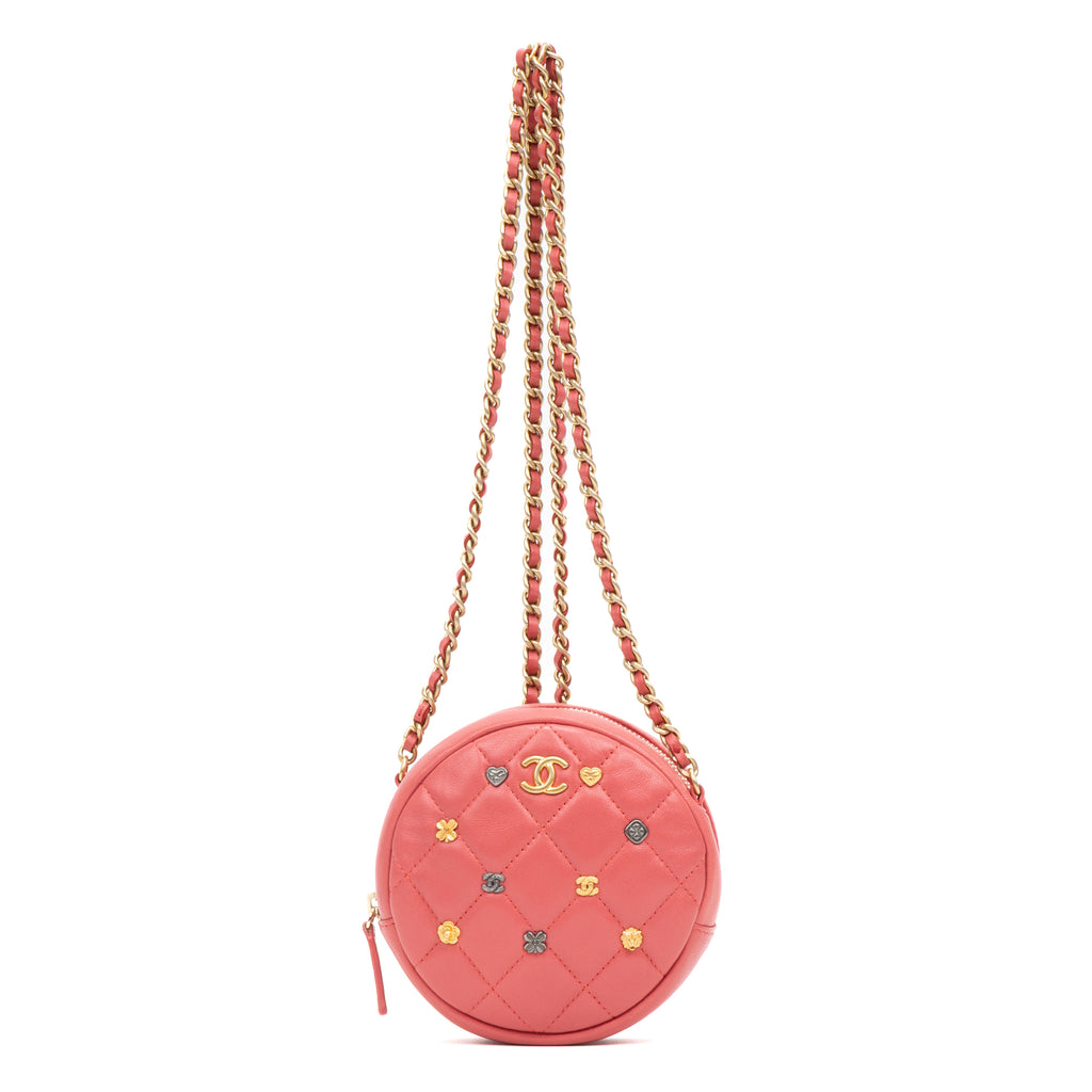 Shoulder Bag Lucky Charms Round Chain Clutch Mini Pink Lambskin Quilted Leather