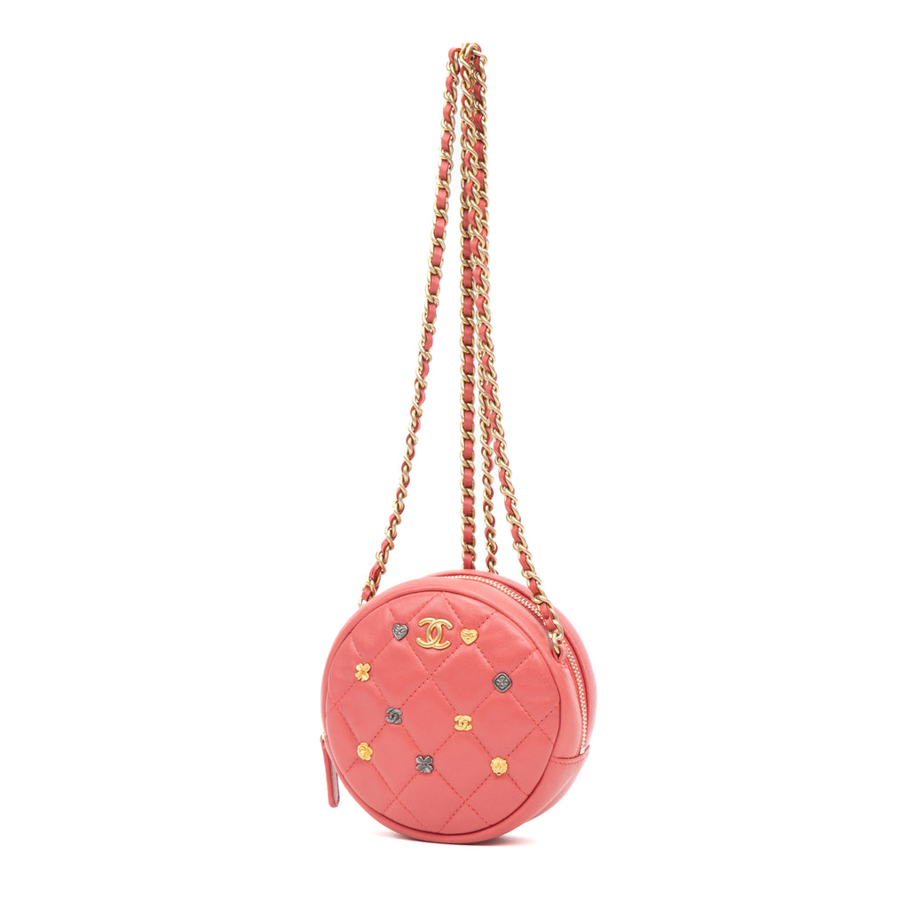 Shoulder Bag Lucky Charms Round Chain Clutch Mini Pink Lambskin Quilted Leather