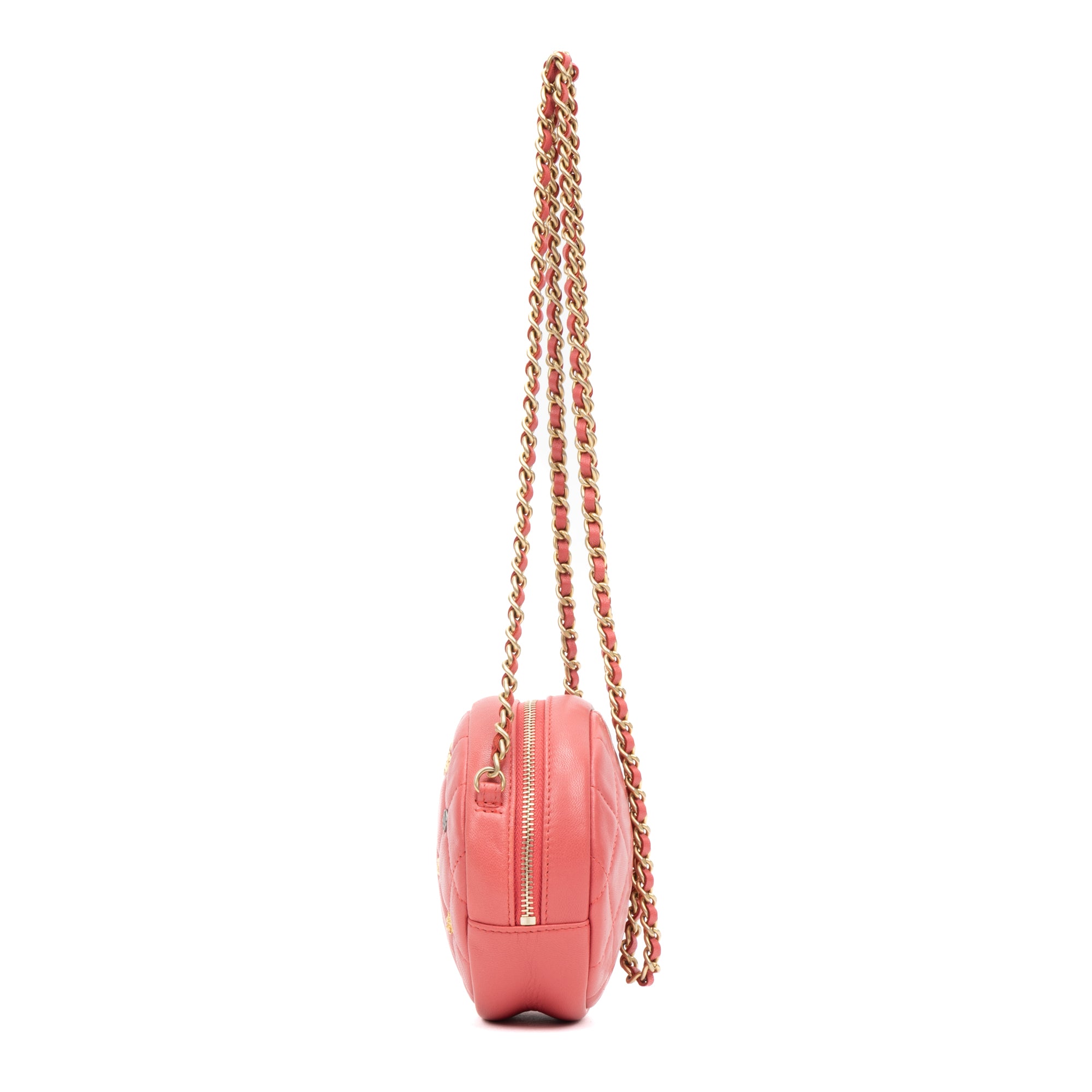 Shoulder Bag Lucky Charms Round Chain Clutch Mini Pink Lambskin Quilted Leather