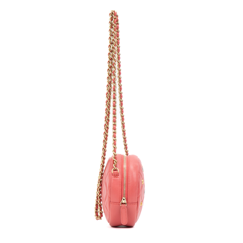 Shoulder Bag Lucky Charms Round Chain Clutch Mini Pink Lambskin Quilted Leather