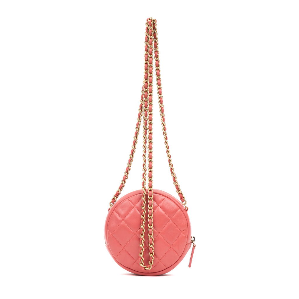 Shoulder Bag Lucky Charms Round Chain Clutch Mini Pink Lambskin Quilted Leather