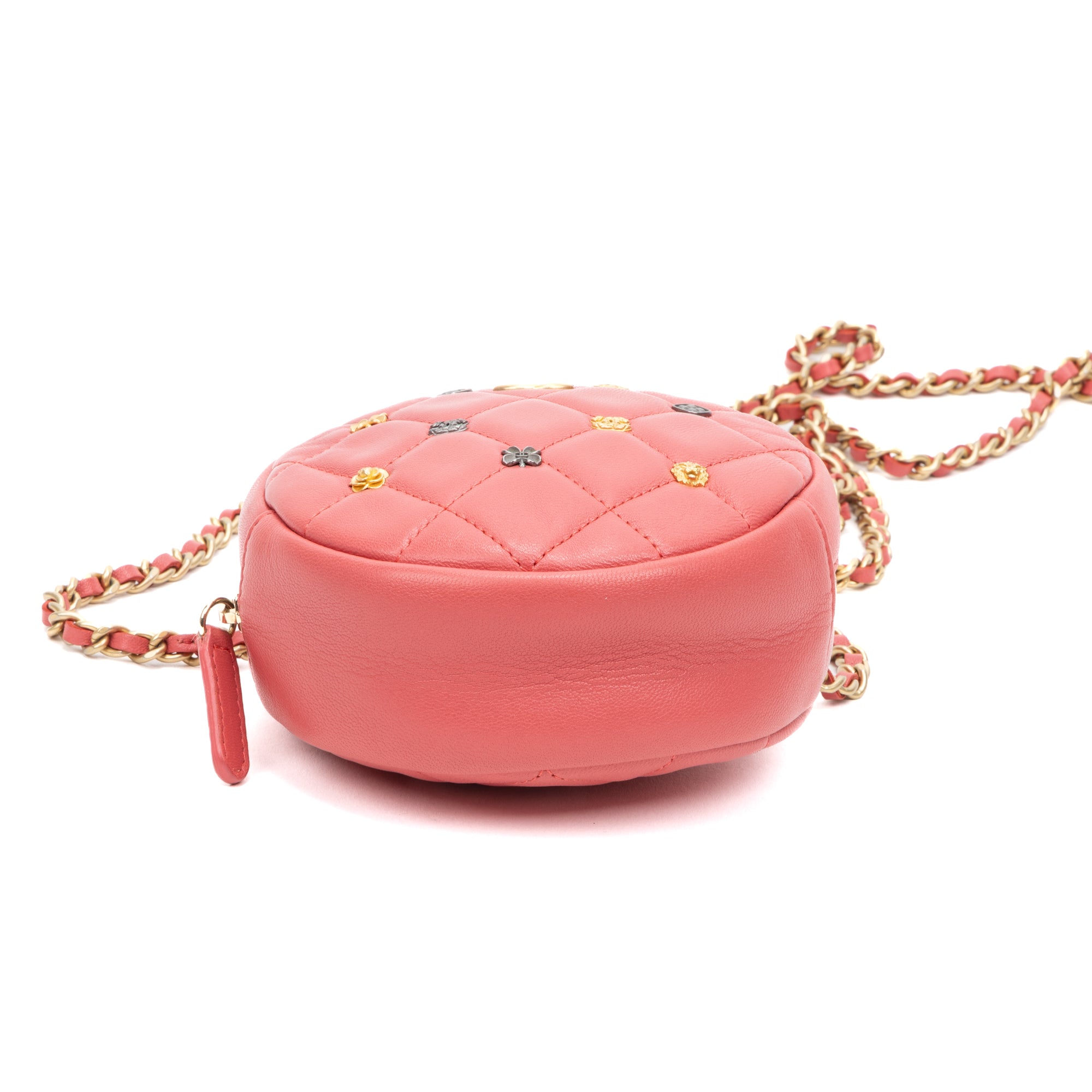 Shoulder Bag Lucky Charms Round Chain Clutch Mini Pink Lambskin Quilted Leather