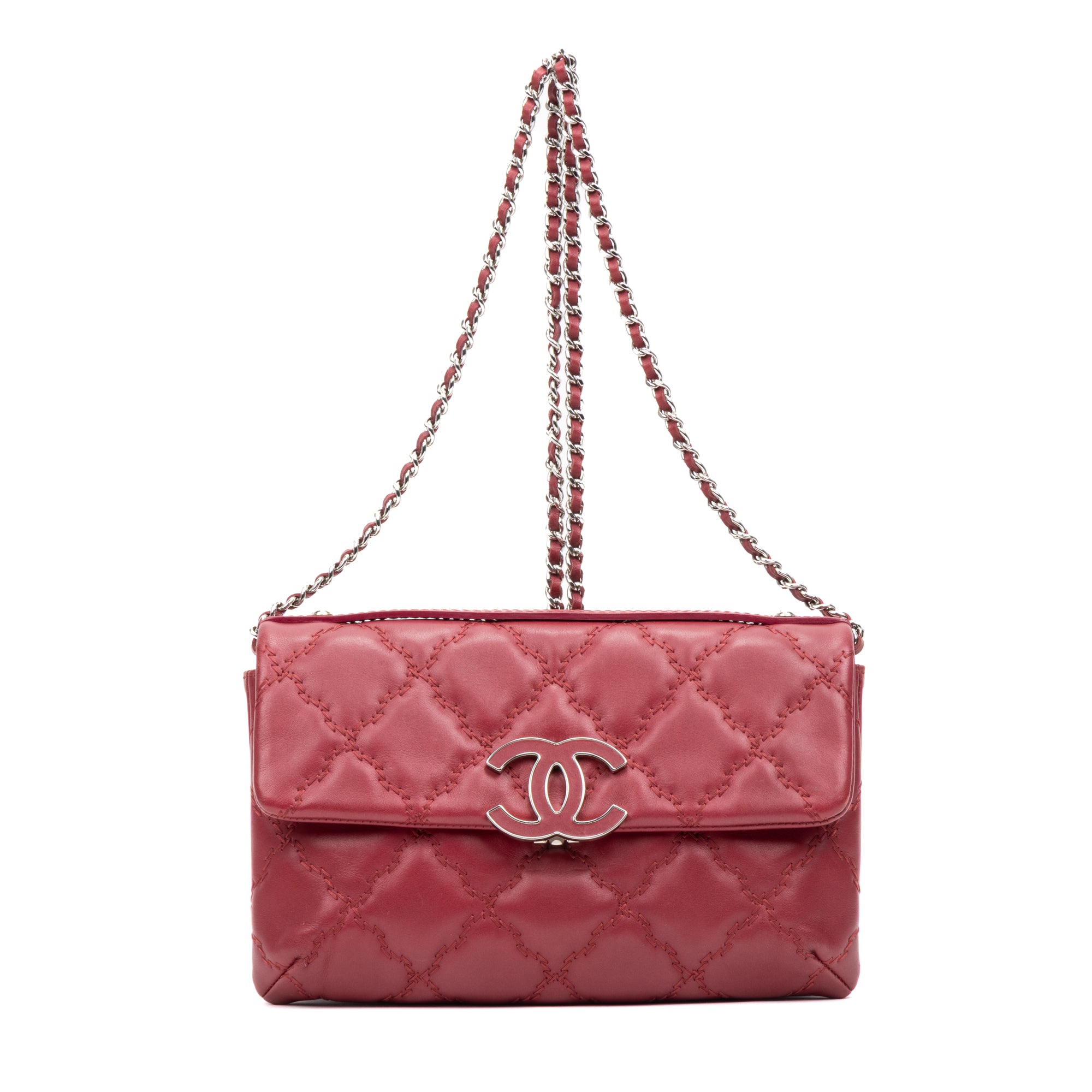 Handbag Hamptons Flap Top Handle Red Calfskin ZigZag Quilted Leather