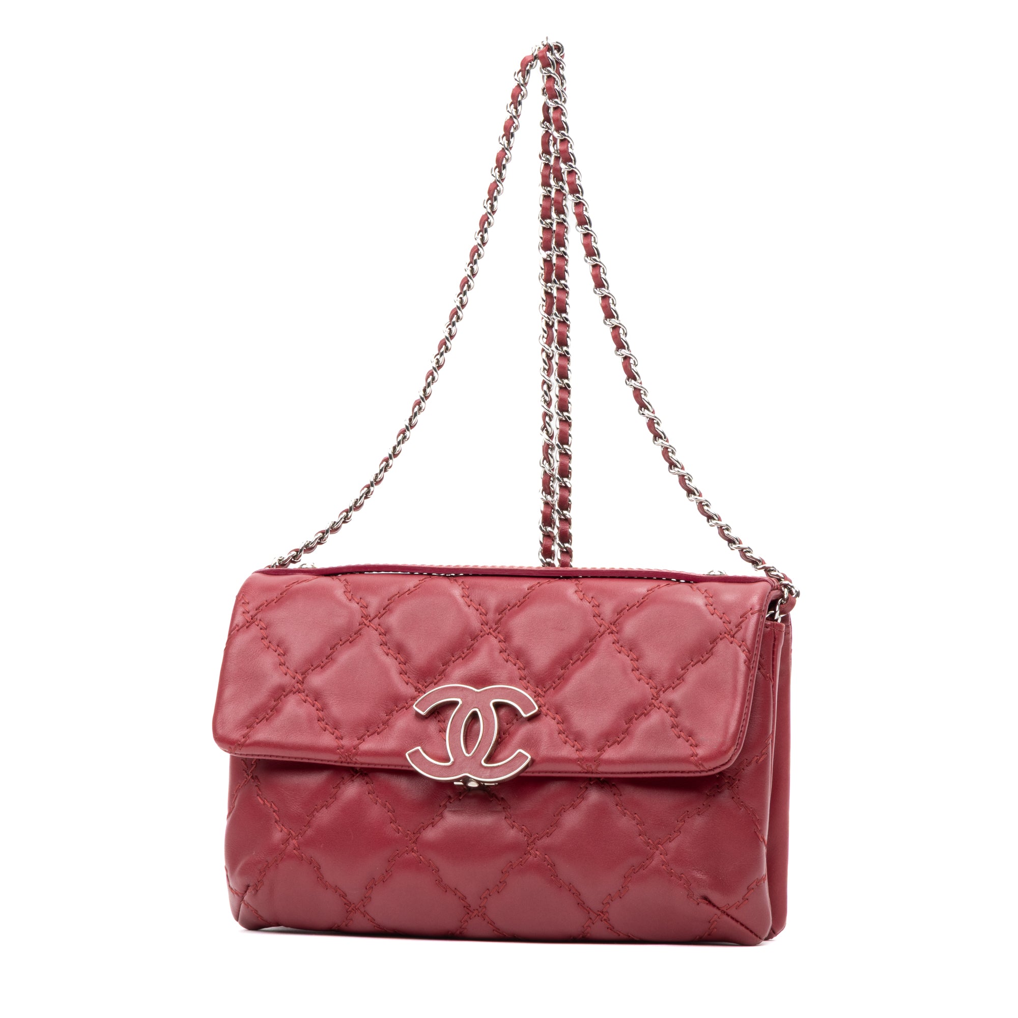 Handbag Hamptons Flap Top Handle Red Calfskin ZigZag Quilted Leather