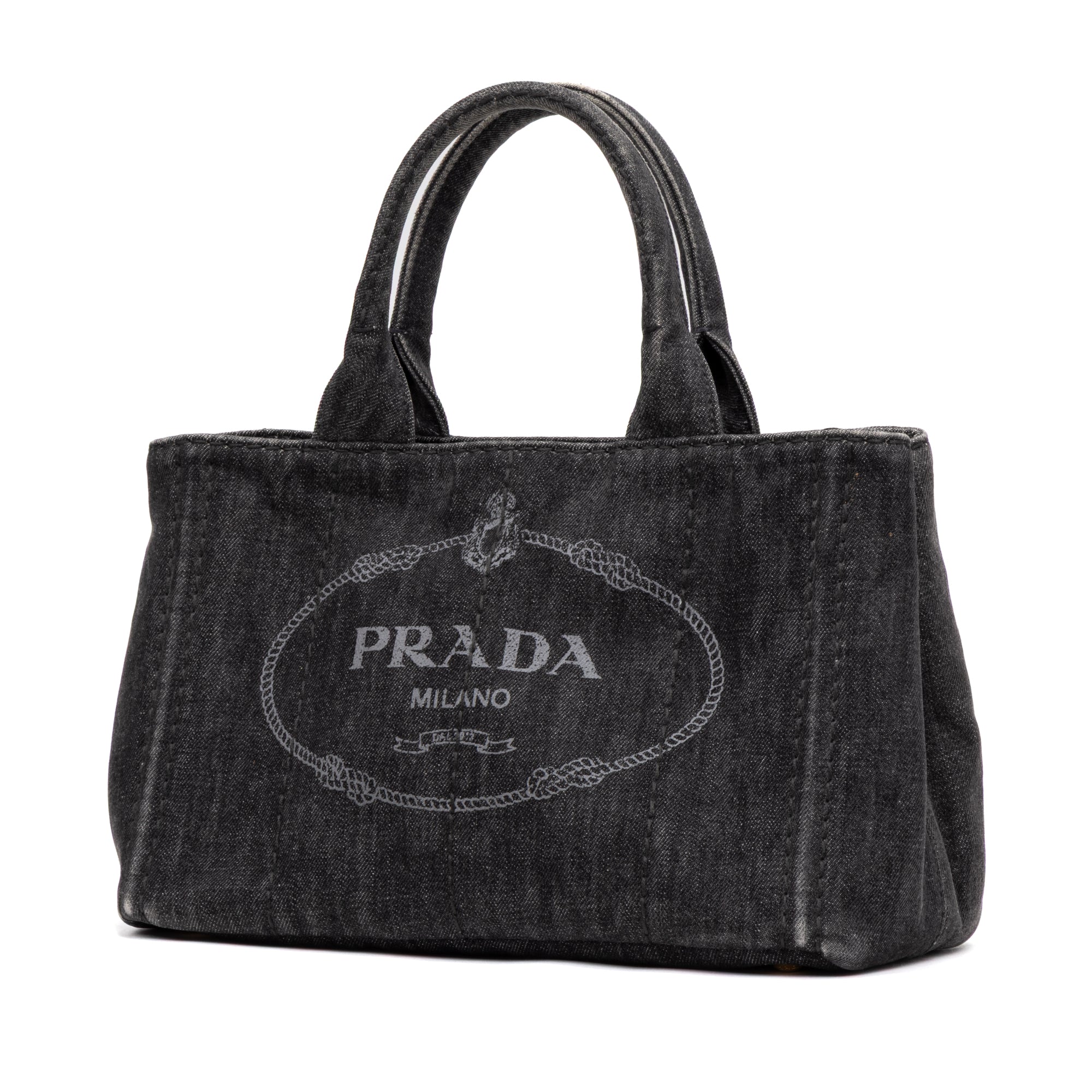 Shoulder Bag Canapa Tote Grey Denim Stampata Canvas