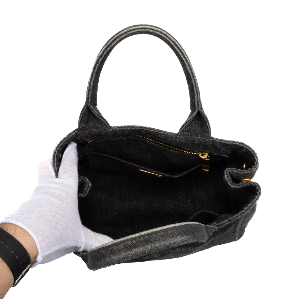 Shoulder Bag Canapa Tote Grey Denim Stampata Canvas