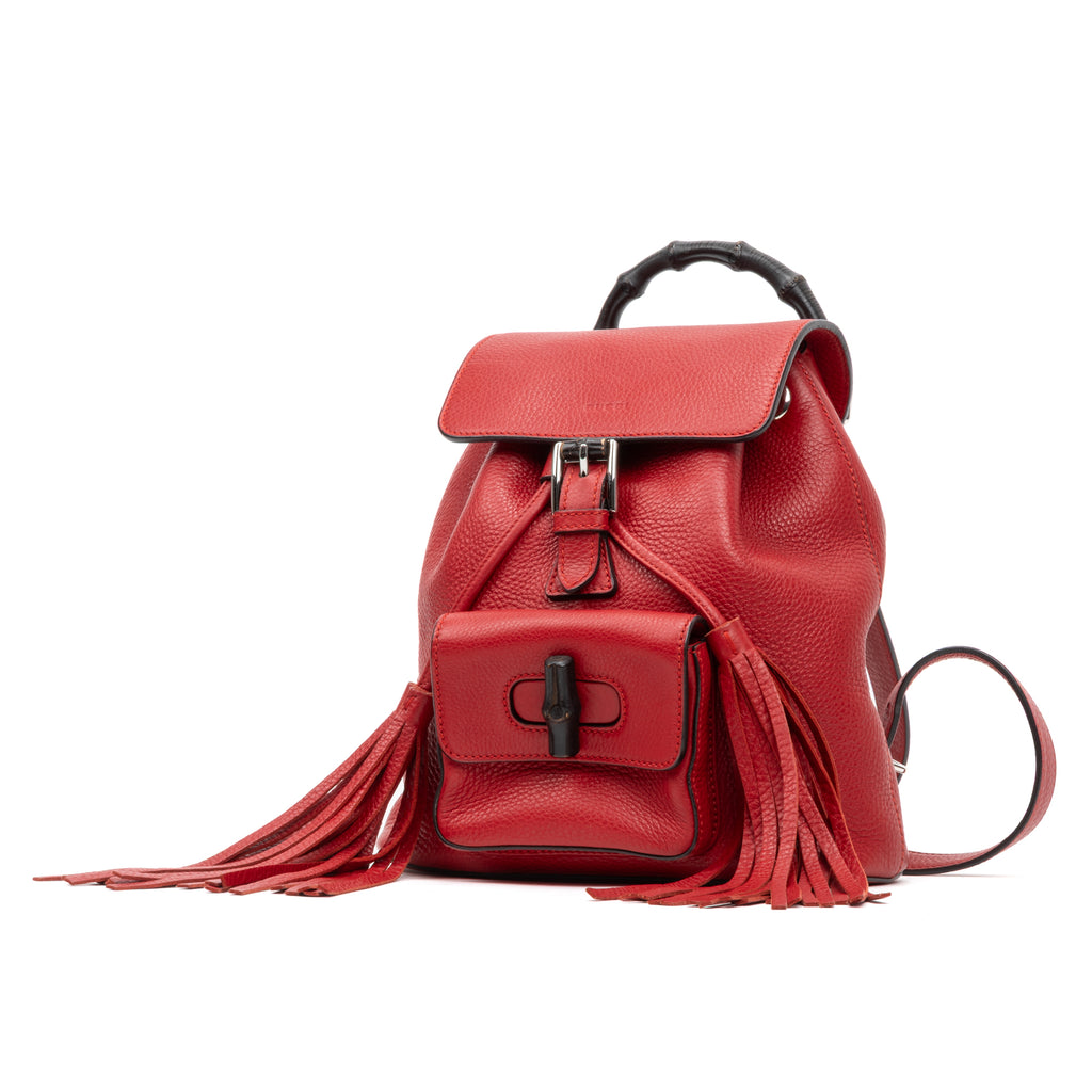 Backpack Bamboo Tassel Backpack Small Red Calfskin Leather