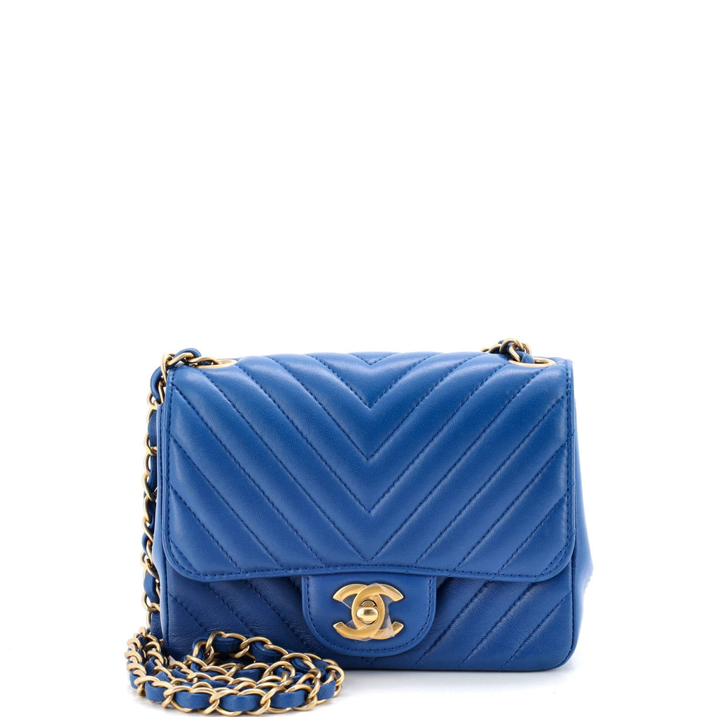 Shoulder Bag Square Classic Single Flap Mini Blue Lambskin Chevron Quilted Leather