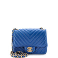 Shoulder Bag Square Classic Single Flap Mini Blue Lambskin Chevron Quilted Leather